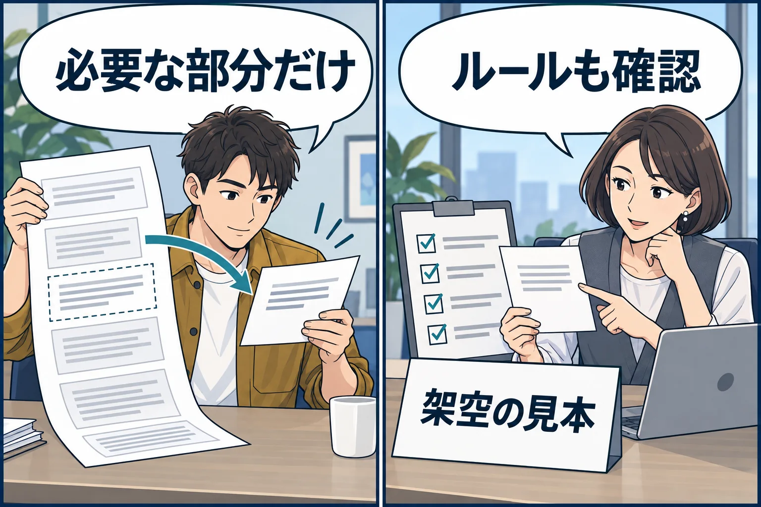 長い資料から必要な部分だけを選び、会社のルールを確認して使う架空の漫画