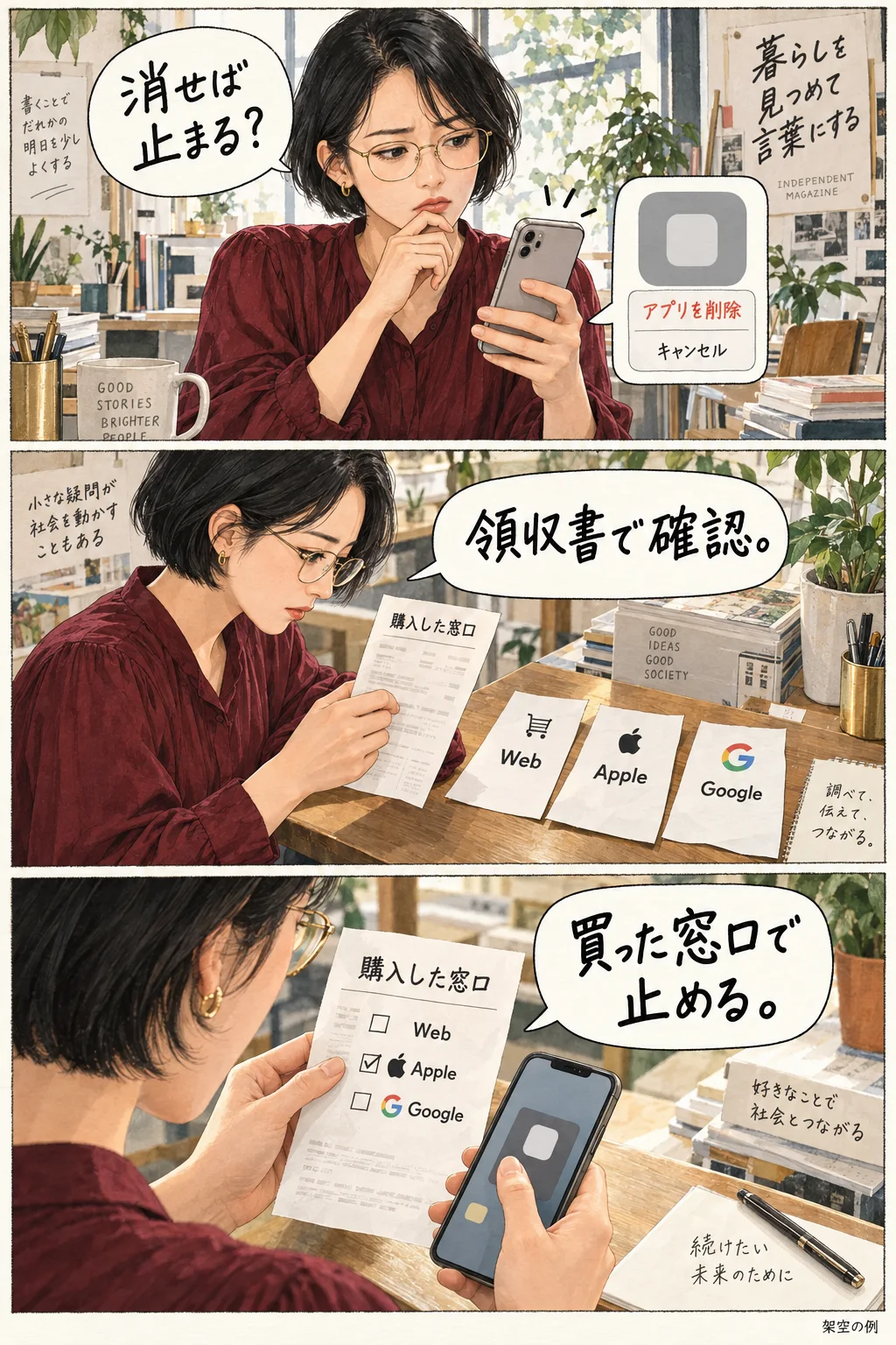 アプリ削除ではなく領収書で購入窓口を確かめる架空の漫画