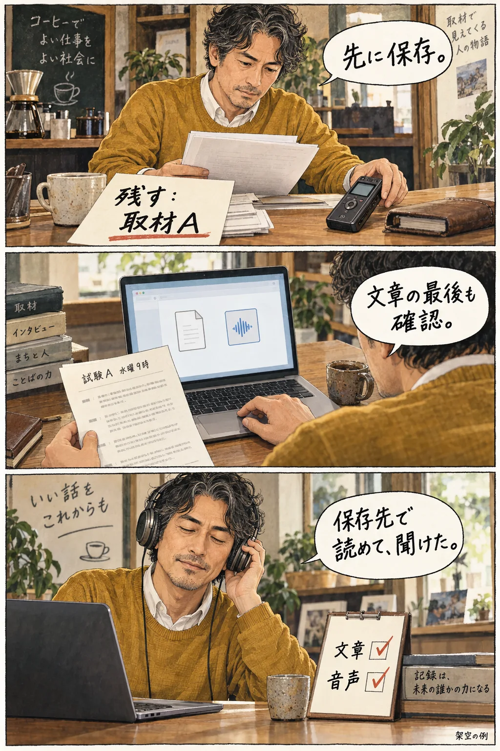 必要な取材の文章と音声を別々に保存し開く架空の漫画