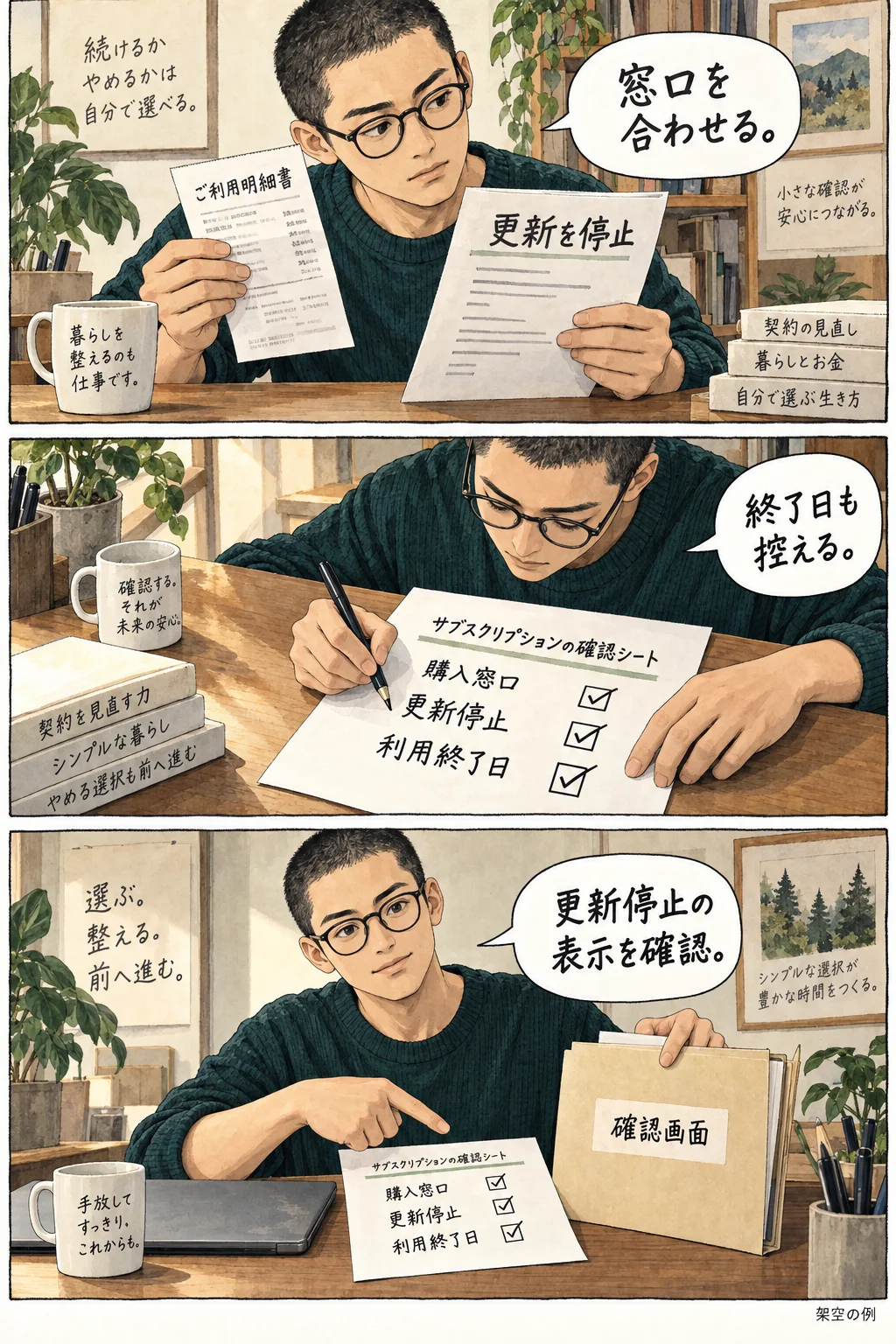 購入窓口、更新停止、利用終了日を一枚に控える架空の漫画