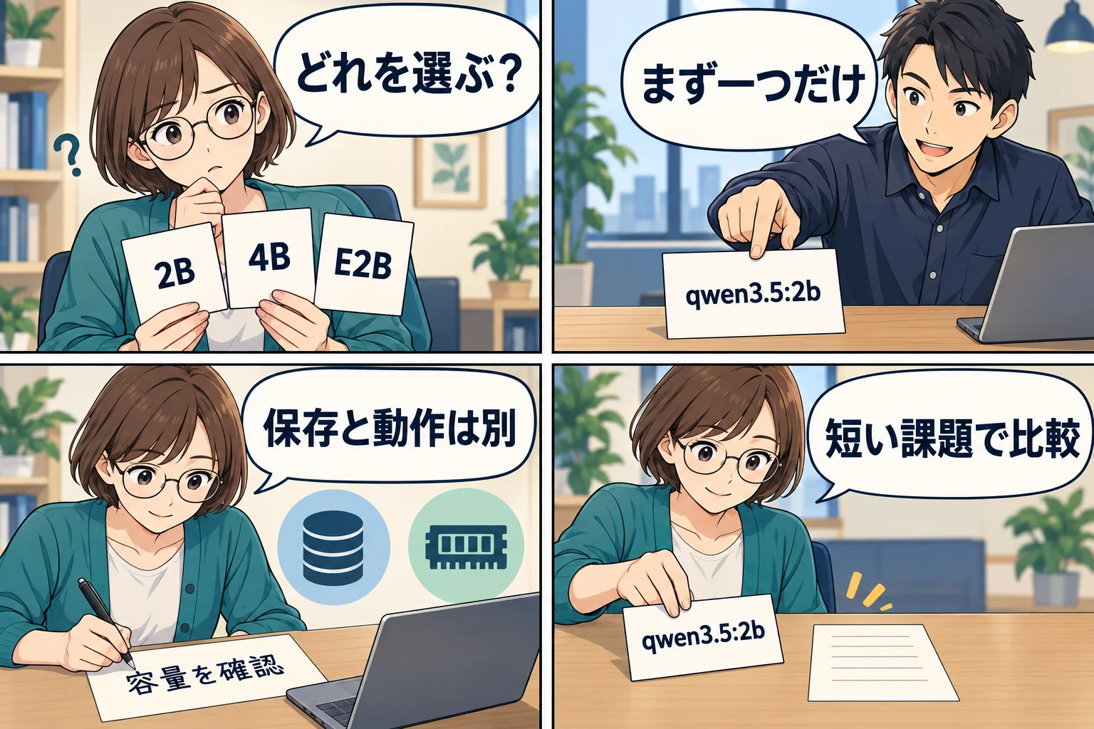 モデルを一つ選び、保存容量と動作の条件を分けて確認する架空の漫画