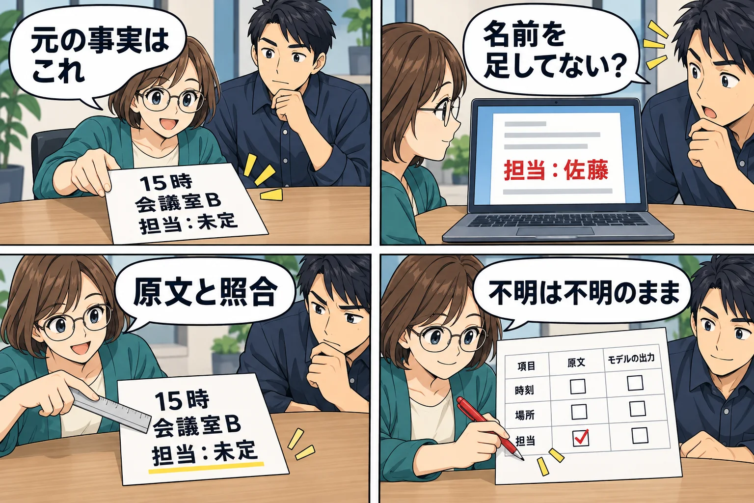 架空の資料にない担当者名を足していないか、原文と比べる漫画