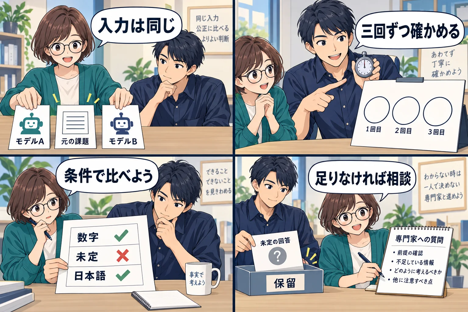 同じ入力を使い、数字・未定・日本語の条件を三回ずつ照合する架空の漫画
