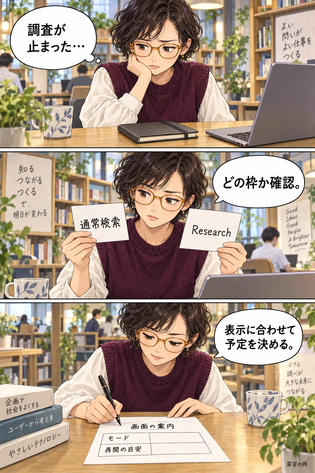 通常検索とResearchを分けて再開の案内を控える架空の企画担当