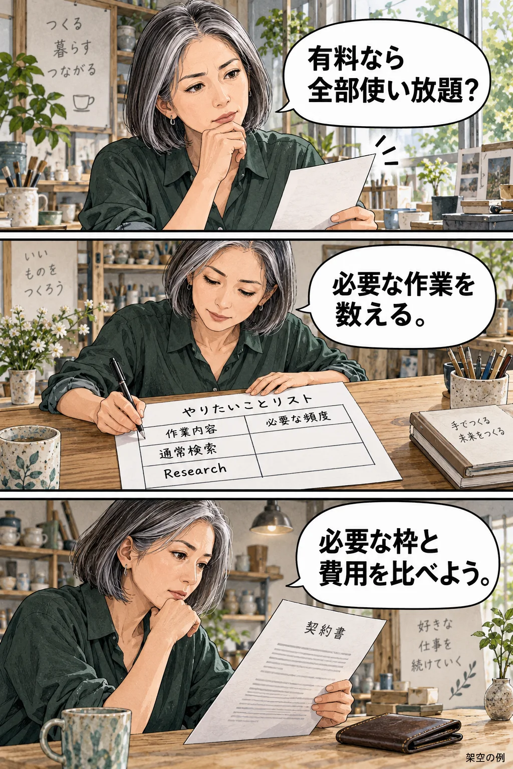 必要な調査の頻度と契約条件を並べる架空の小規模チーム責任者