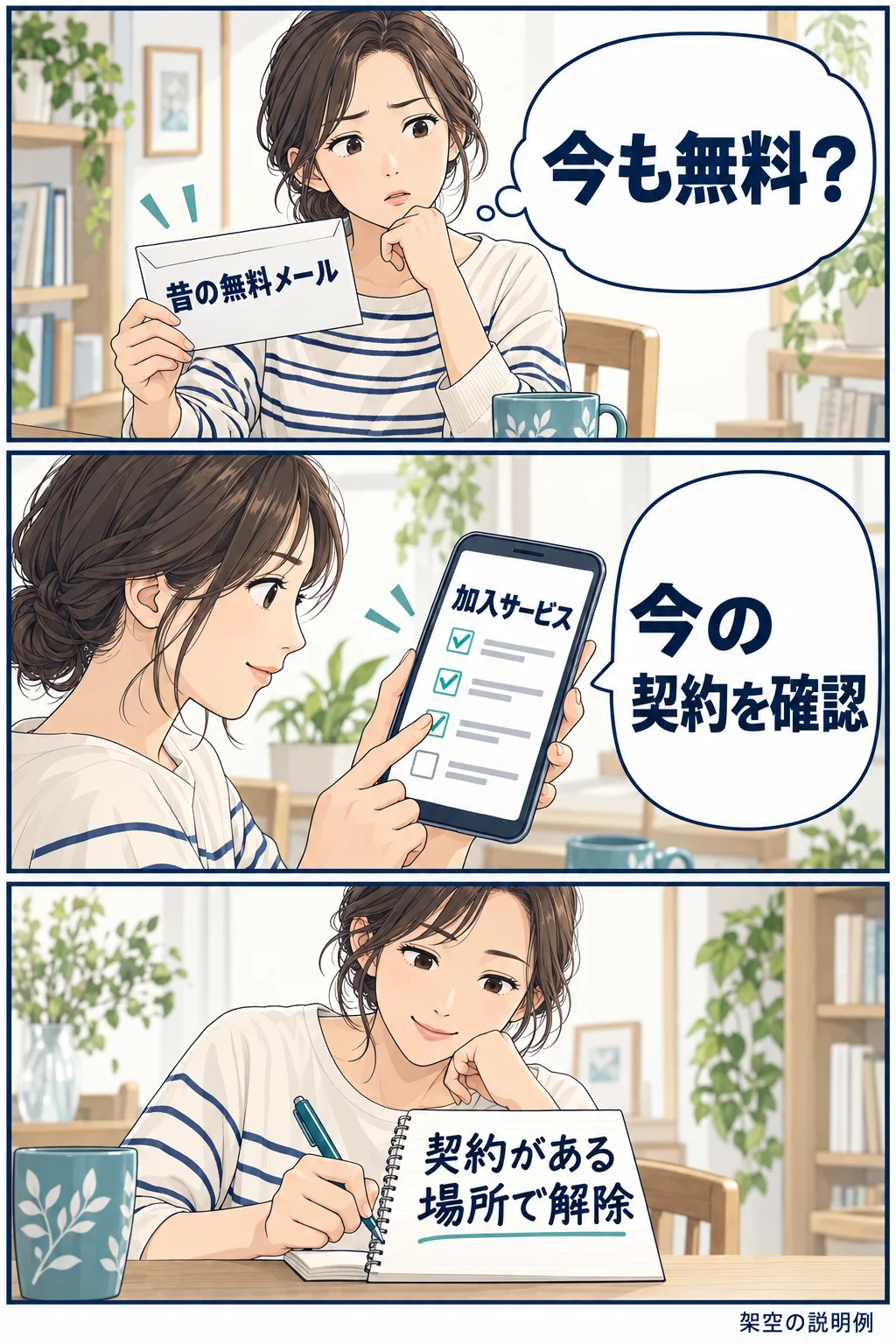 旧キャンペーンのメールと現在の加入サービスを見比べ、解除先を決める架空の利用者