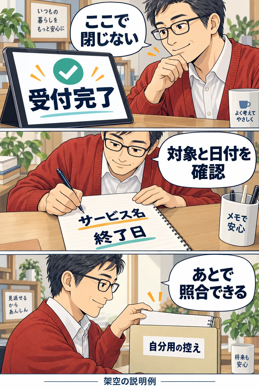 完了画面のサービス名と終了日を読み、個人用メモに記録する架空の利用者
