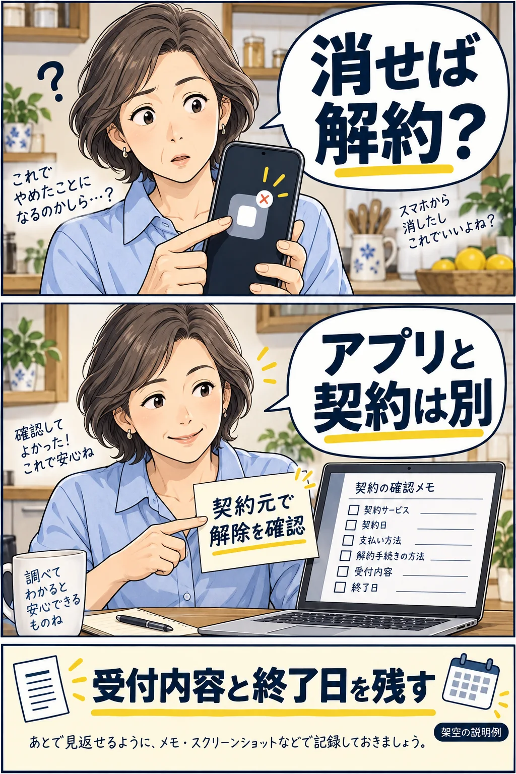アプリ削除で終わったと思い込まず、携帯会社の受付記録を確かめる架空の利用者