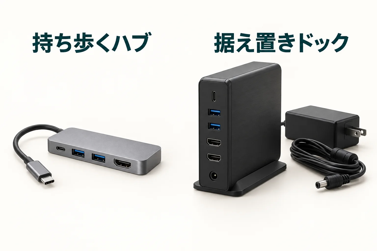 短いケーブル付きの携帯ハブと、電源アダプターを添えた据え置きドックの外観例。