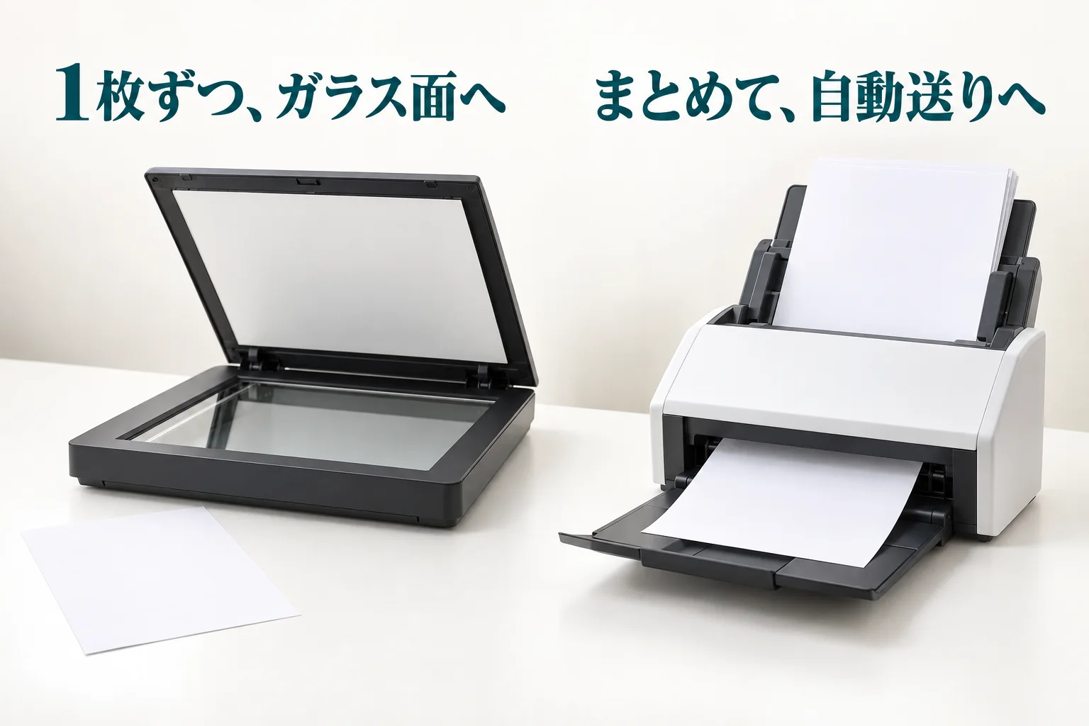 ガラス面へ一枚ずつ置くスキャナーと、紙を重ねて自動送りするスキャナーの例。