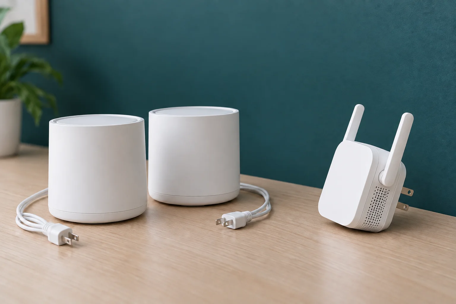 卓上へ置くメッシュ機器2台と、電源プラグが本体に付いた中継機の外観例。