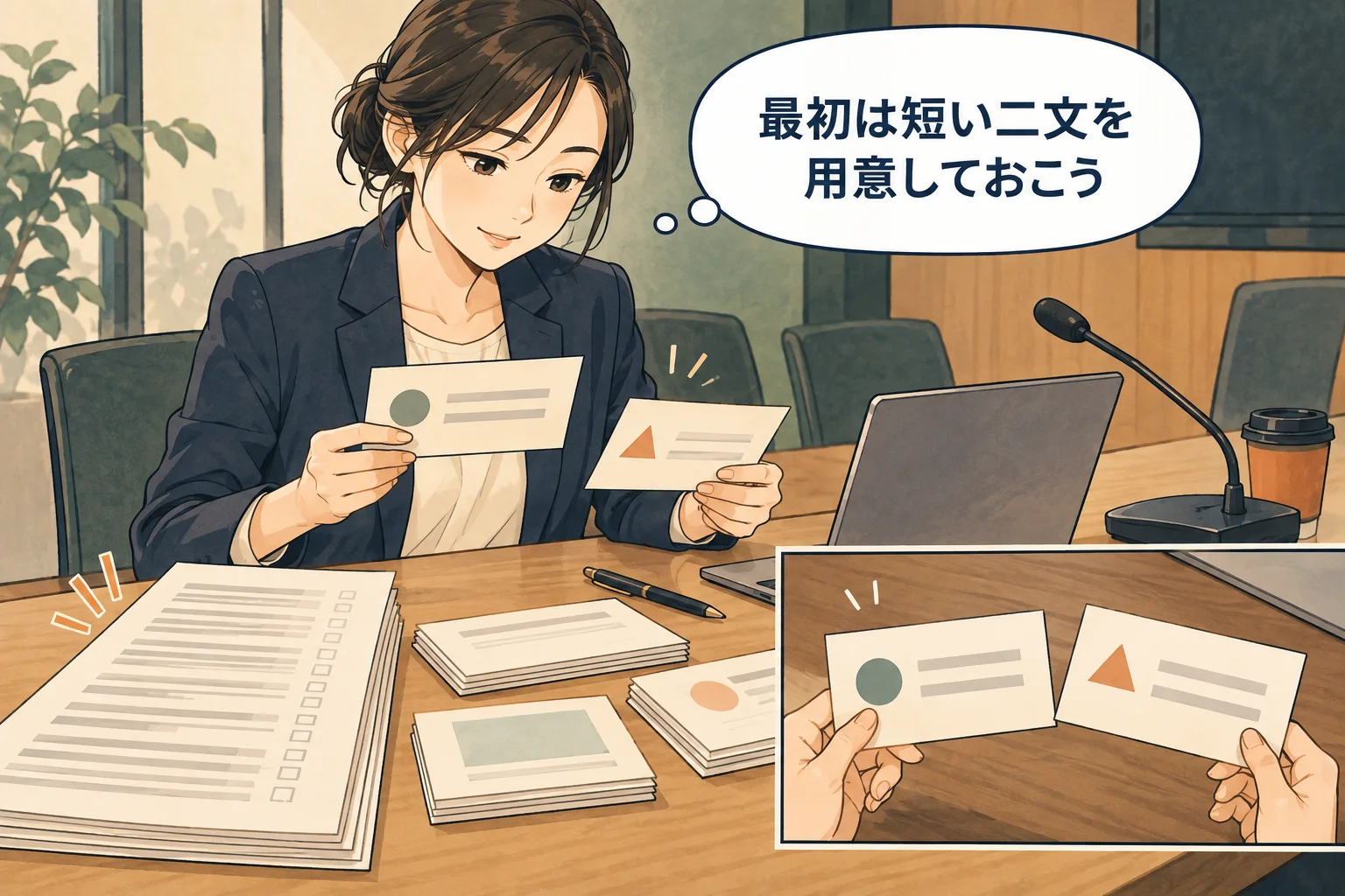 冒頭に話すことを短くし、始める地点を手元で確認できるようにします。 架空の人物によるAI生成の解説漫画。