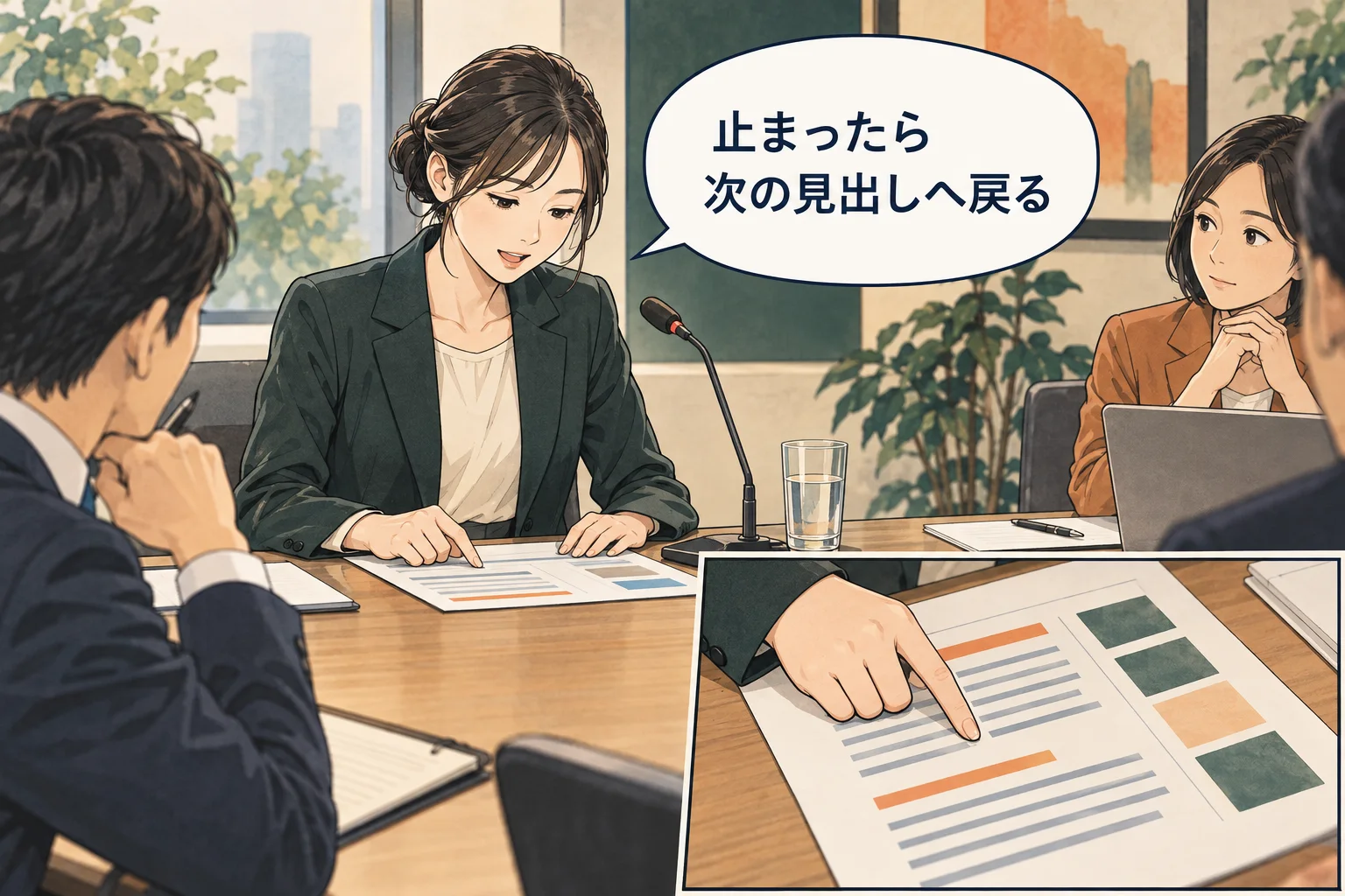 暗記だけに頼らず、言葉が止まったときに戻れる原稿を作ります。 架空の人物によるAI生成の解説漫画。