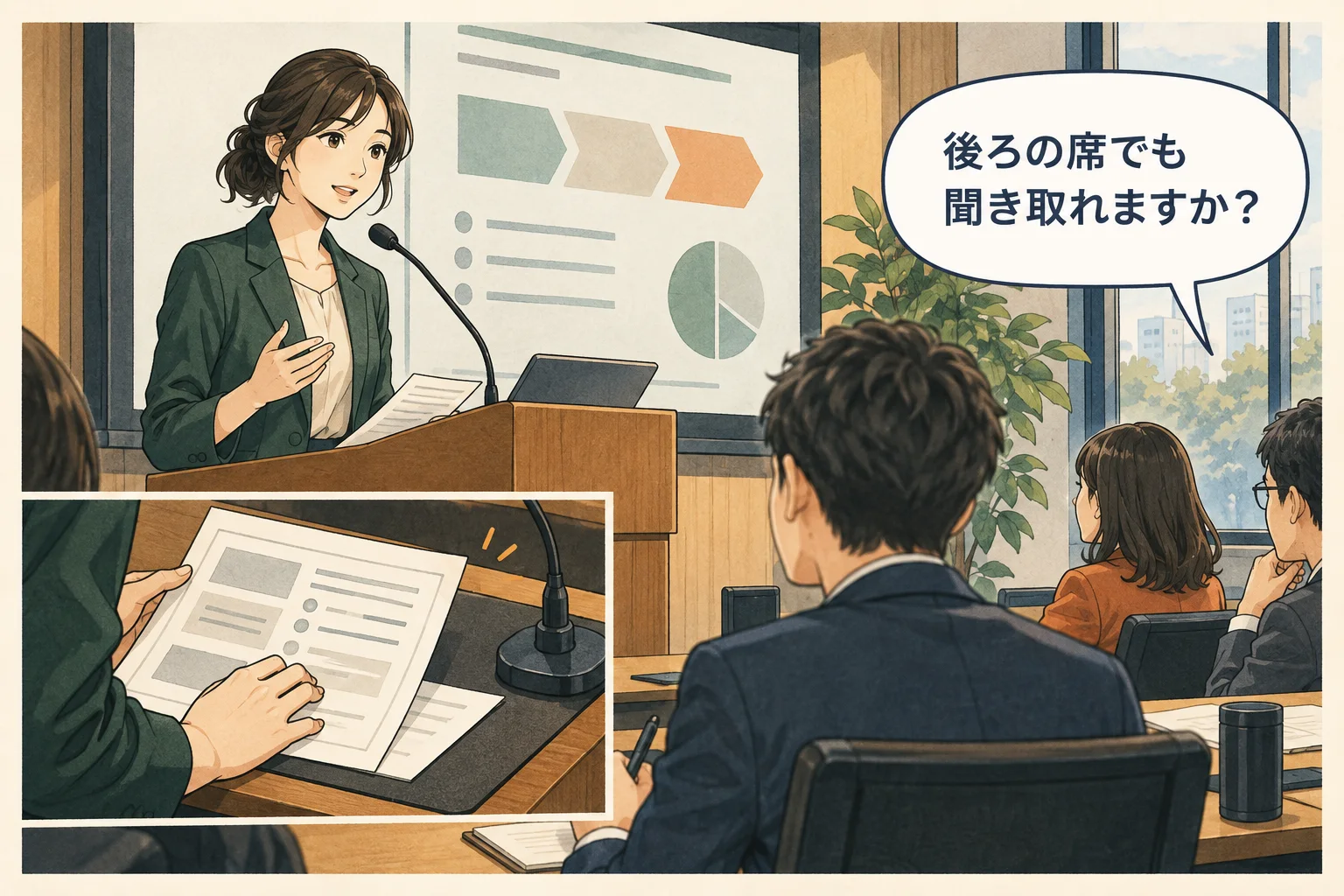 本番に近い距離と機器で、無理に大声を出さず聞こえる状態を確かめます。 架空の人物によるAI生成の解説漫画。