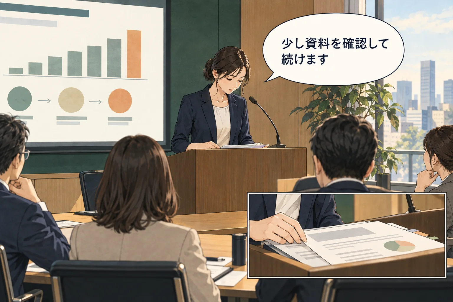 詰まった際の短い言い方と、次に話す内容を用意します。 架空の人物によるAI生成の解説漫画。