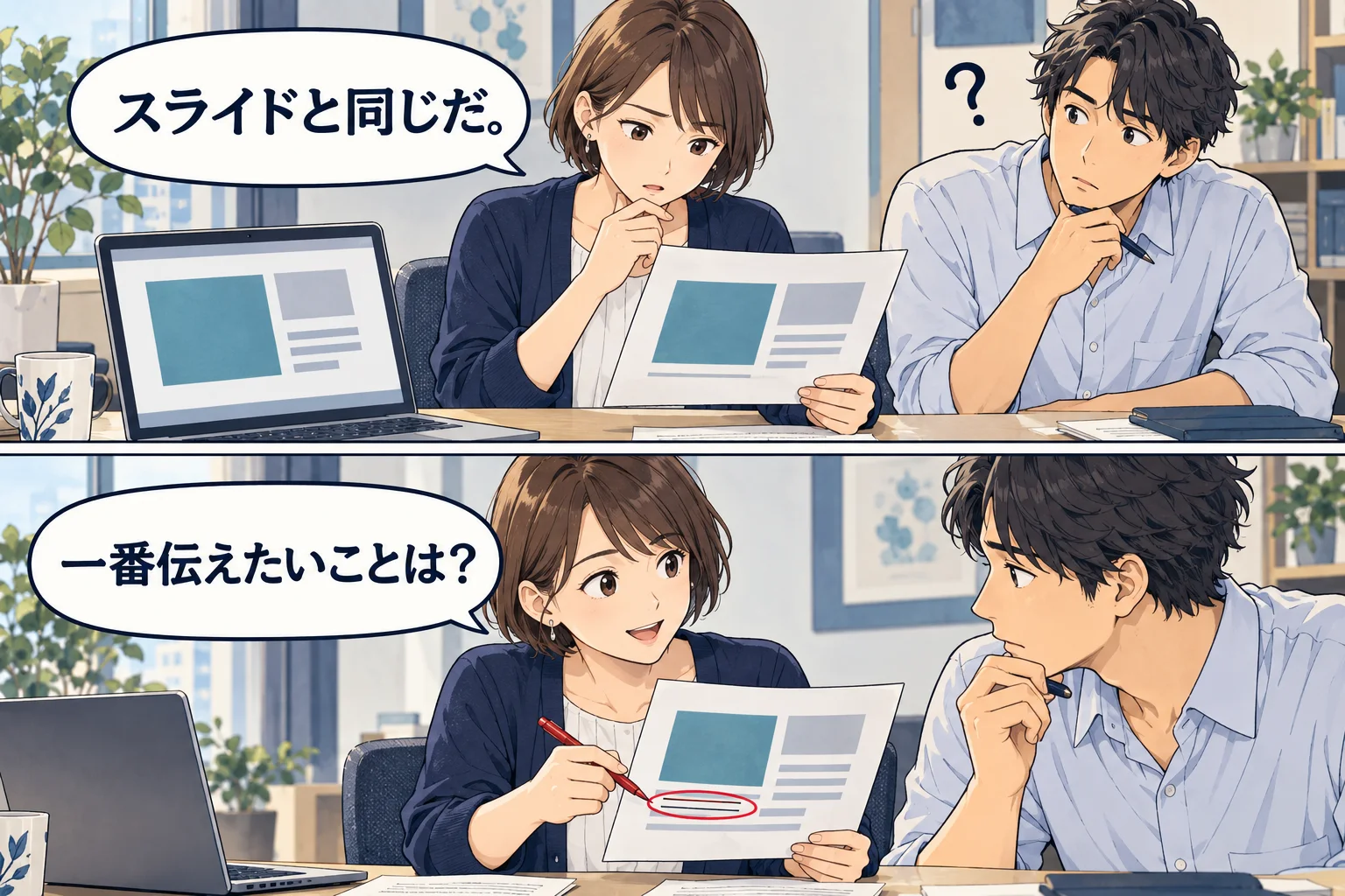 スライドと同じ長い文章を読んでいると気づき、聞き手に伝える一文を取り出す架空の漫画例