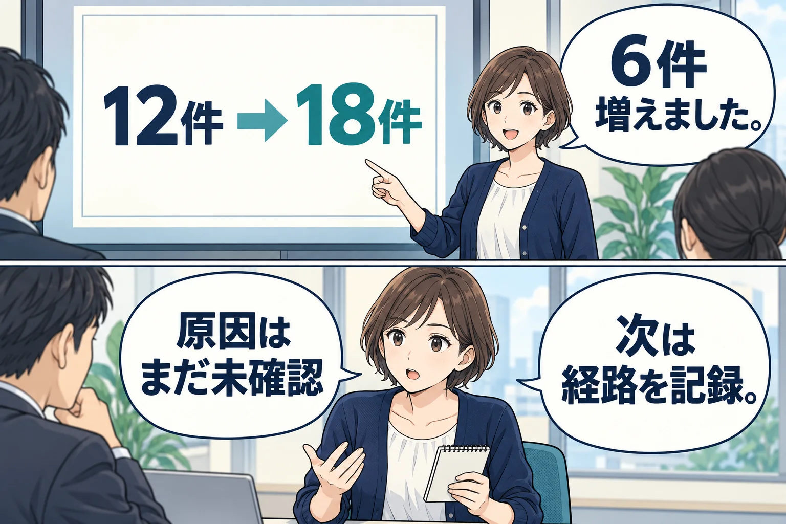 架空の問い合わせ12件から18件という資料に、増加の意味と次の確認を添えて話す漫画例
