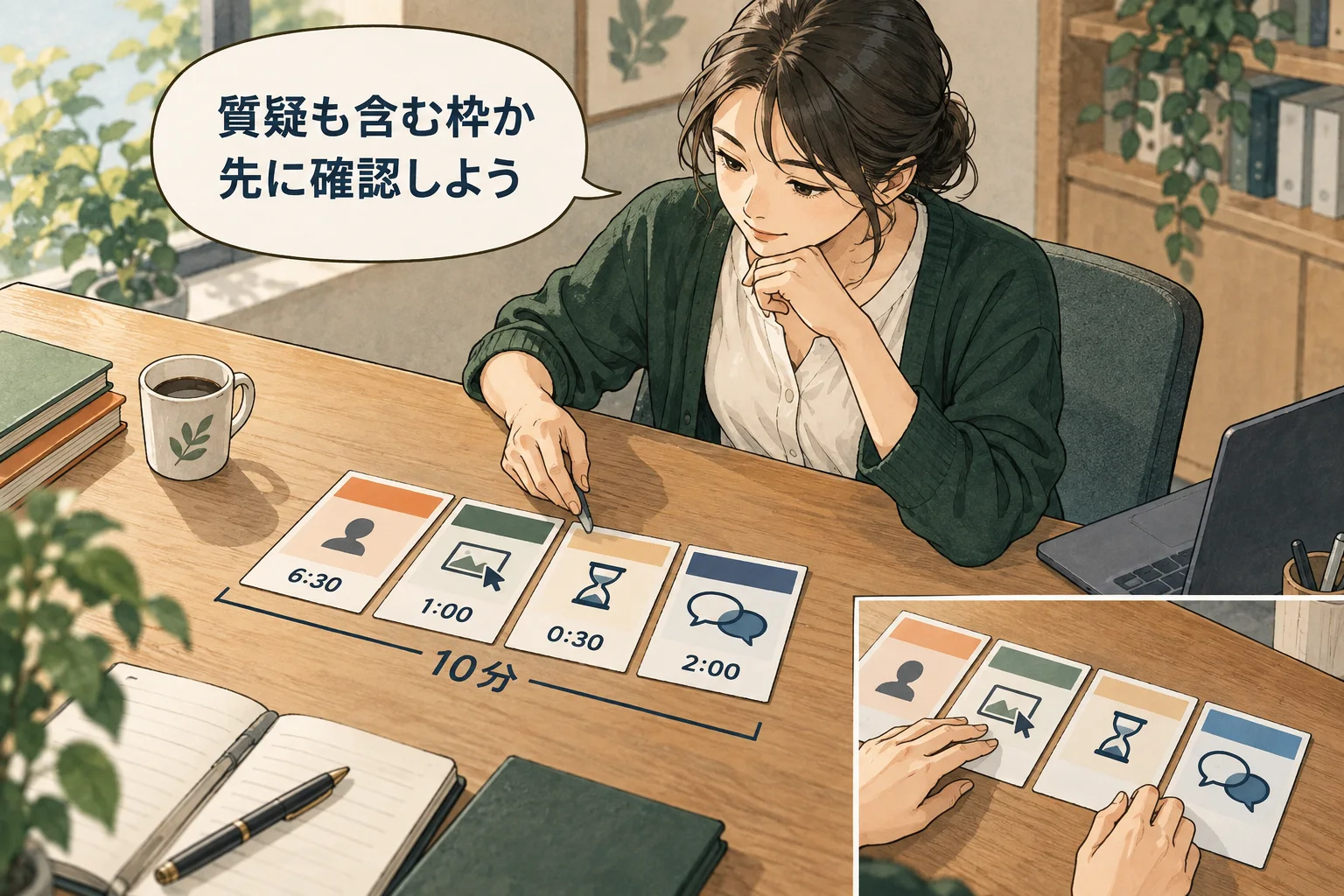 持ち時間の定義を確認し、話す部分以外の時間も配分します。 架空の人物によるAI生成の解説漫画。