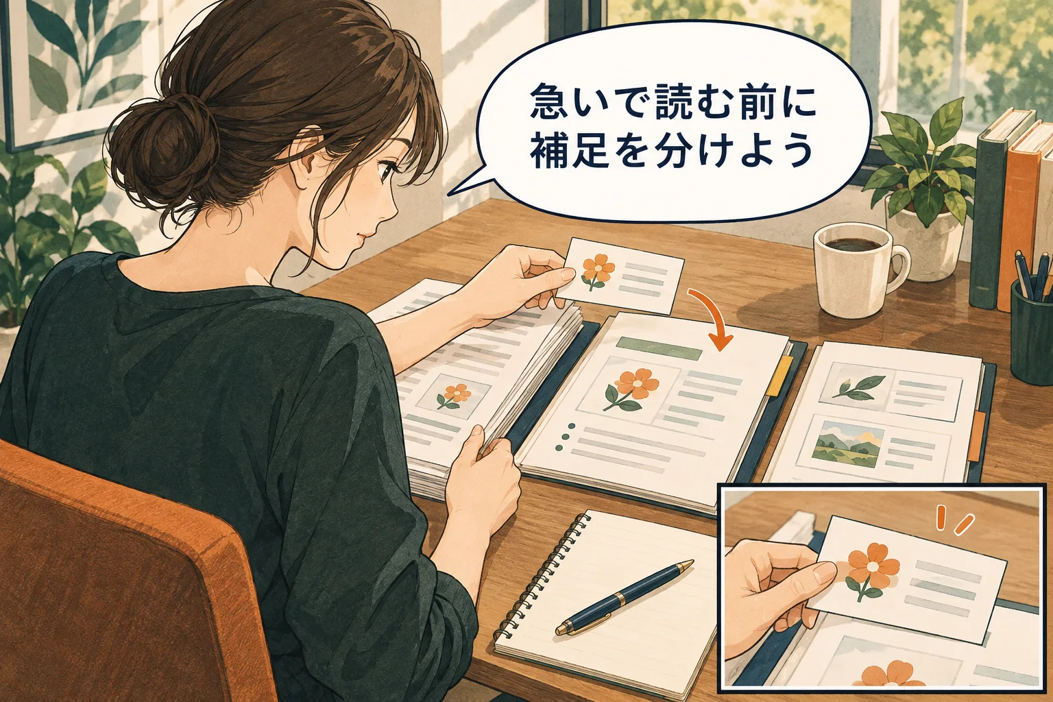 時間超過を早口で埋めず、伝える目的に沿って補足を移します。 架空の人物によるAI生成の解説漫画。