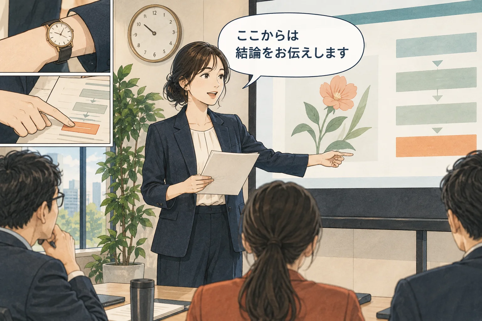 遅れたときに移る地点と短い説明を、練習の段階で用意します。 架空の人物によるAI生成の解説漫画。