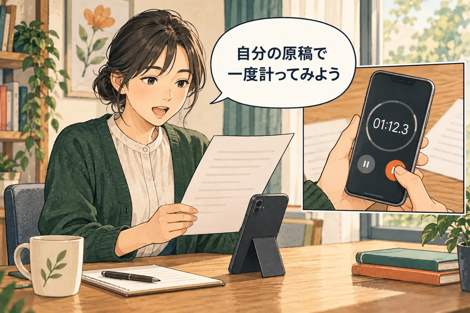 一般的な文字数だけに頼らず、自分が話した時間から目安を作ります。 架空の人物によるAI生成の解説漫画。