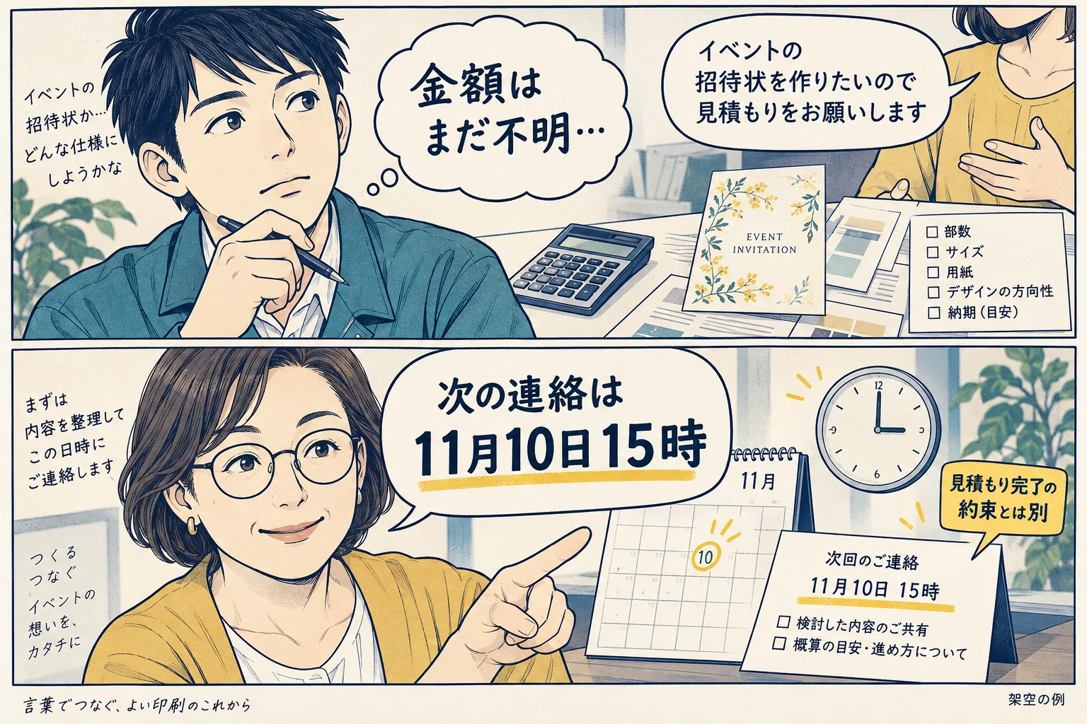 見積金額の回答予定と、次に状況を連絡する時刻を分ける架空の漫画