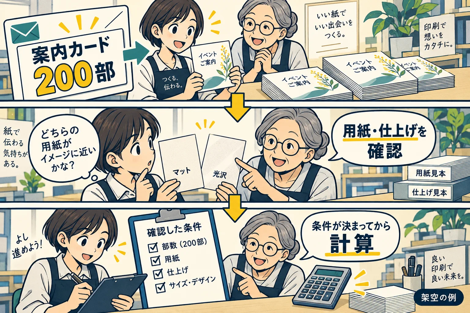 案内カード200部という数量を保ち、用紙と仕上げを確認してから計算する架空の漫画