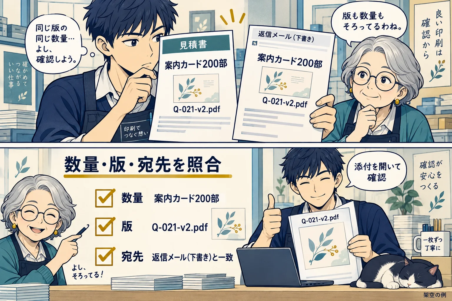 案内カード200部の見積書Q-021-v2.pdfを開き、数量・版・宛先を照合する架空の漫画