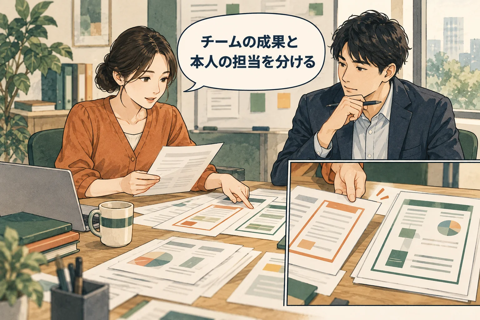 共同成果を一人の手柄にせず、本人の貢献と根拠を示します。 架空の人物によるAI生成の解説漫画。