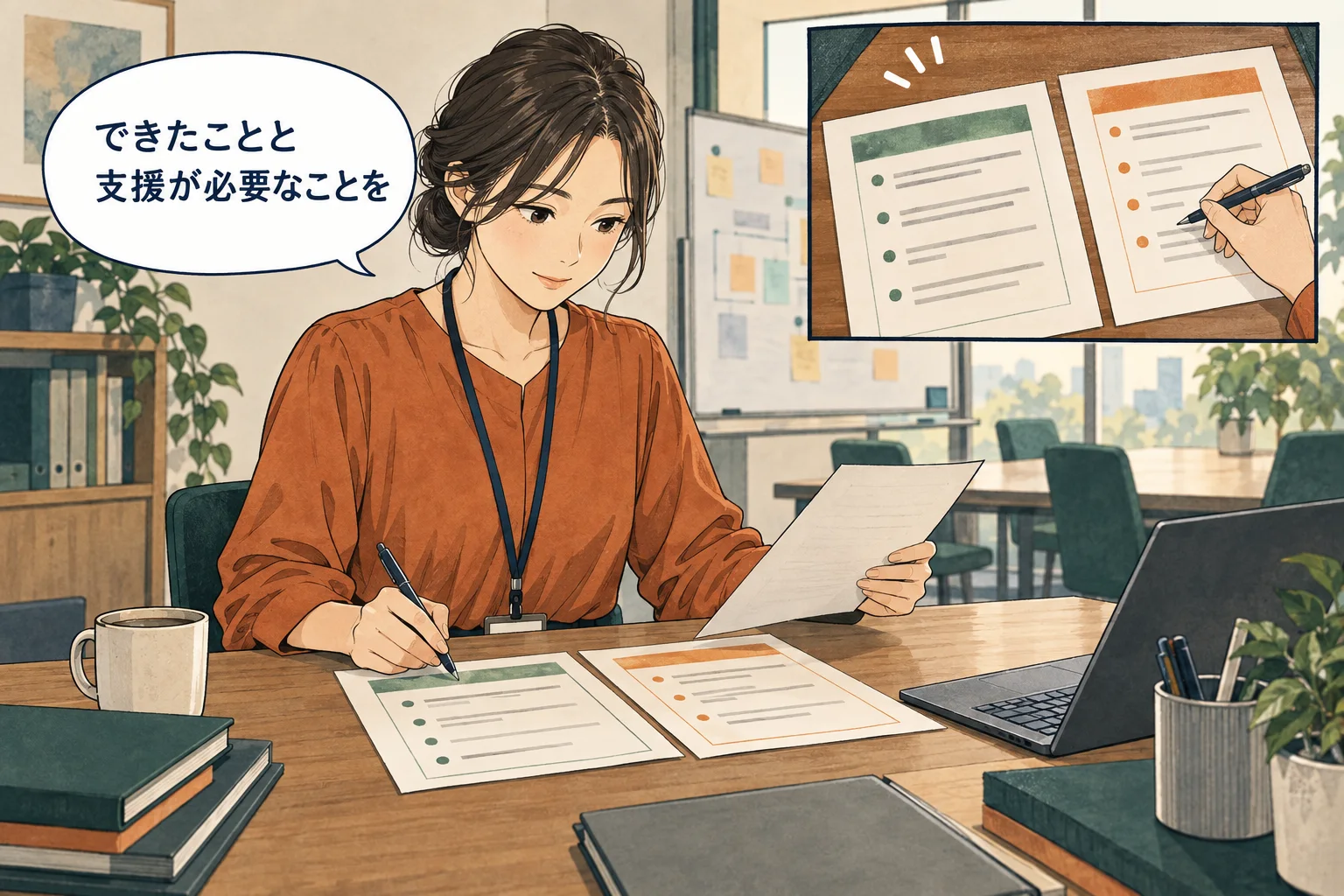 推薦メモには、実績と未確認の点、必要な支援を区別して書きます。 架空の人物によるAI生成の解説漫画。