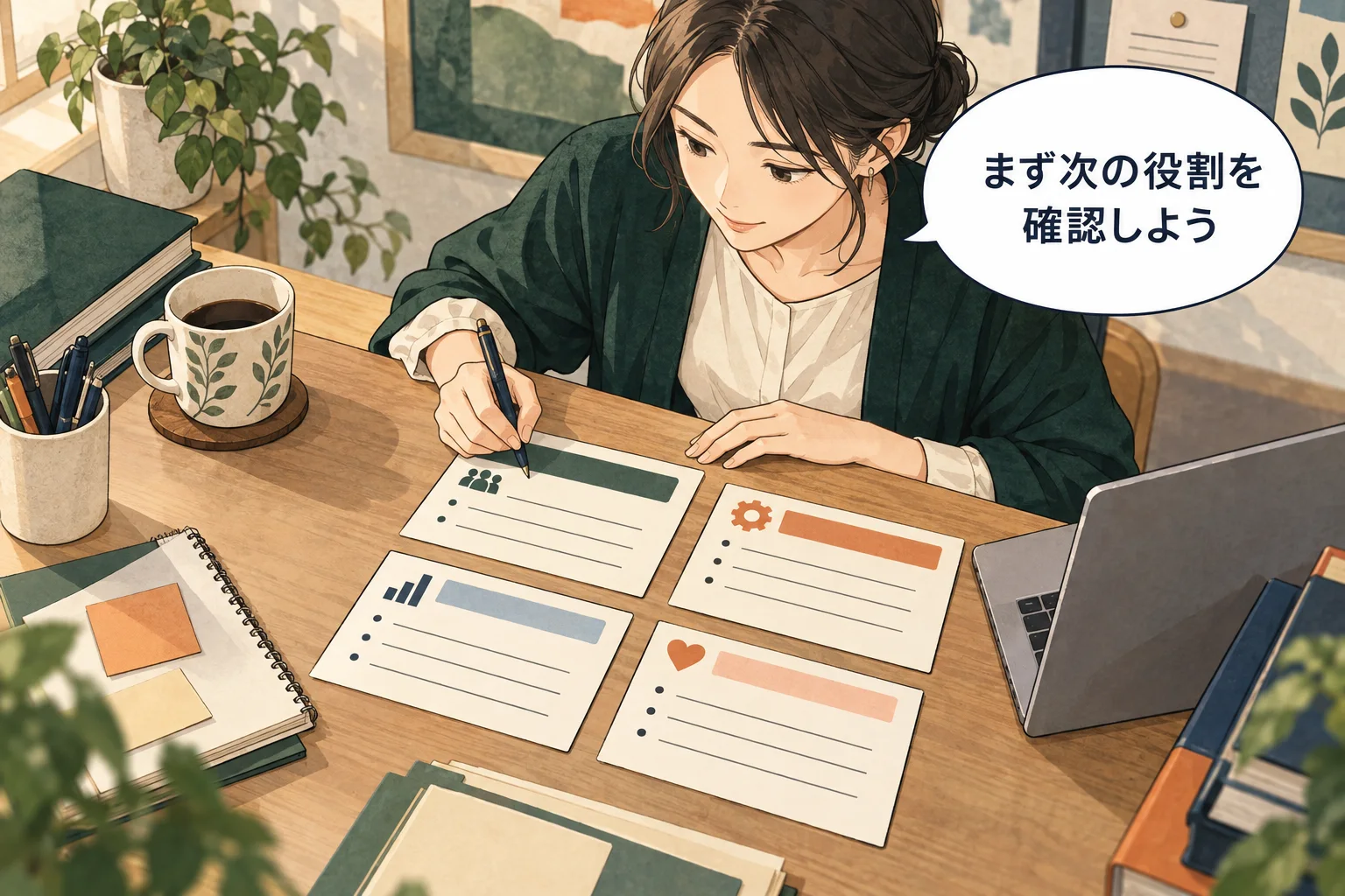 誰を推したいかの前に、次の役割の要件と選考のルールを確かめます。 架空の人物によるAI生成の解説漫画。
