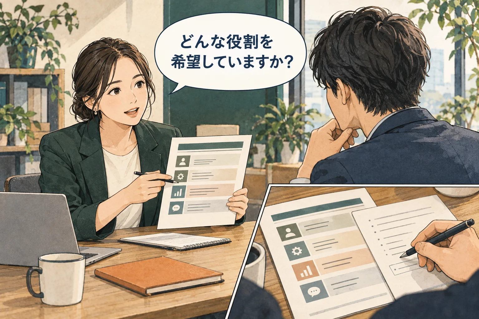 期待だけを押しつけず、本人の希望と必要な支援を確認します。 架空の人物によるAI生成の解説漫画。