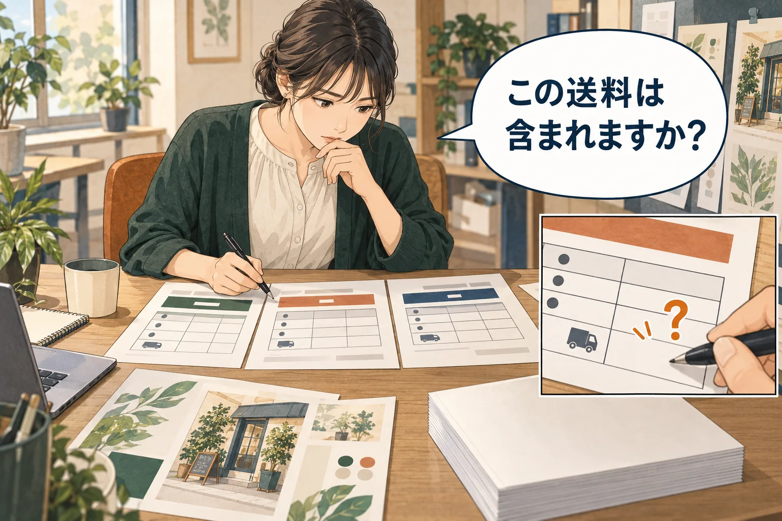 合計が安く見えても、送料や修正、支給物の条件が違うかもしれません。空欄を確かめてから比べます。 架空の人物によるAI生成の解説漫画。