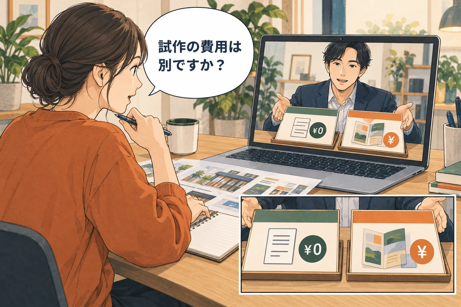 見積書と試作品の制作は別の作業です。無料の範囲と、有料になる時点を先に聞きます。 架空の人物によるAI生成の解説漫画。