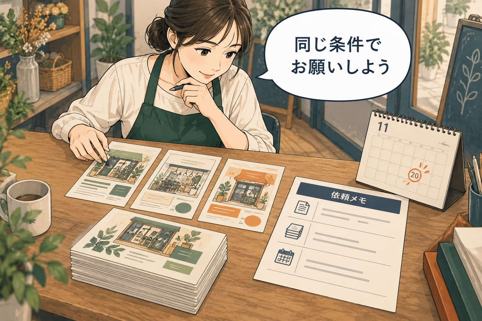 比較する前に、サイズ・部数・支給物・希望日をそろえます。分からない条件は、未定と伝えて相談します。 架空の人物によるAI生成の解説漫画。