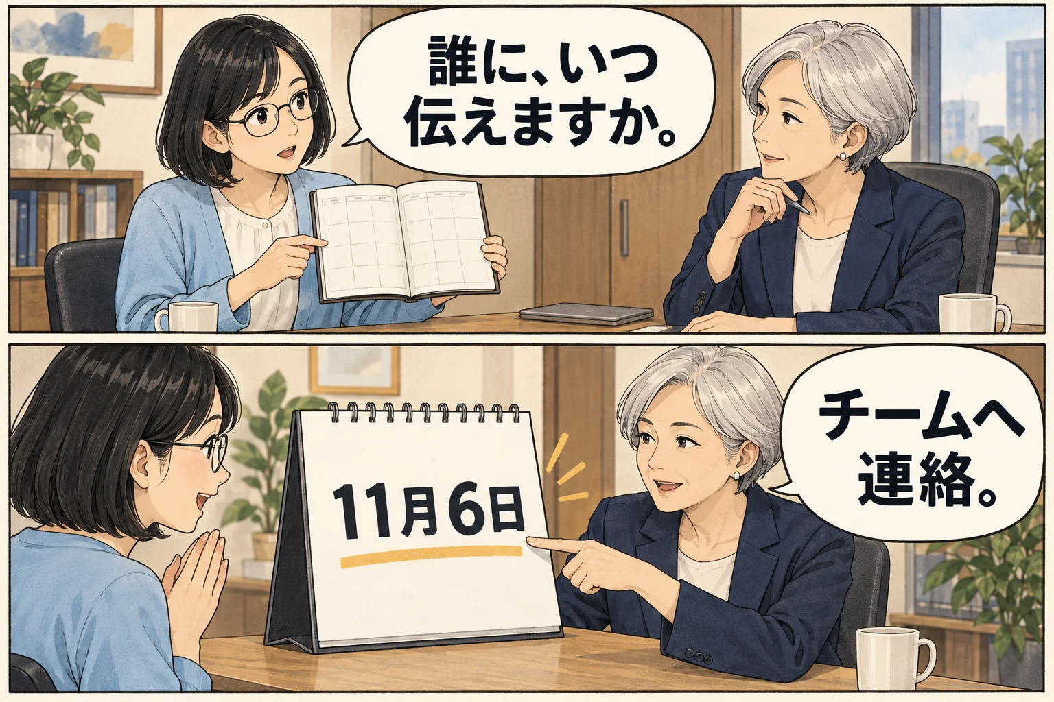 上司に周知相手と日を相談し、架空の11月6日にチームへ連絡する予定を確認する漫画