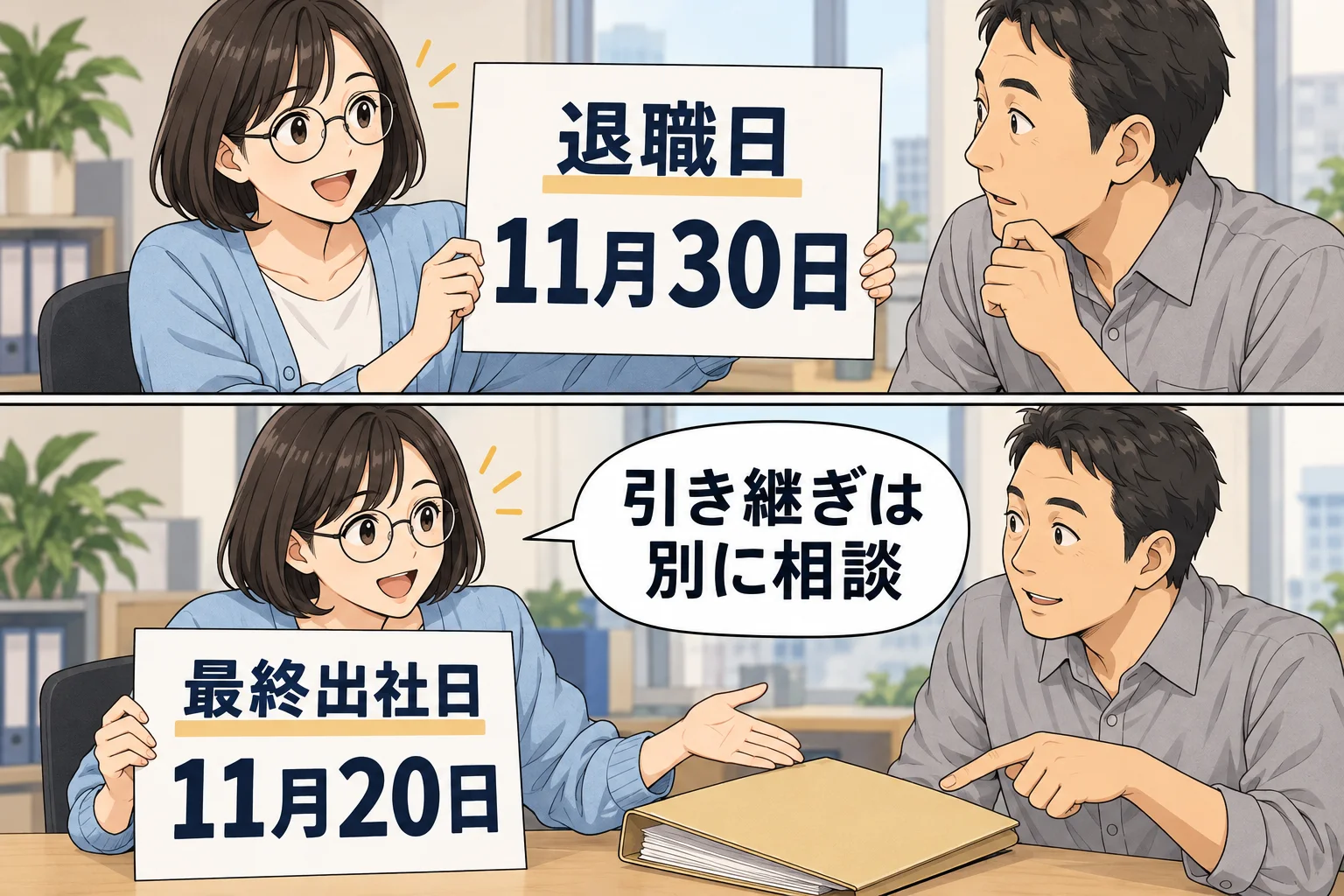 架空の退職日11月30日と最終出社日11月20日を分け、引き継ぎは別に相談する漫画