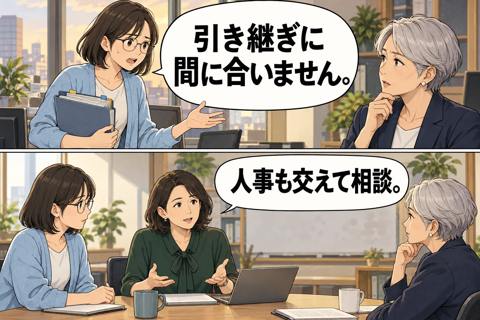 周知が遅く引き継ぎに間に合わない点を伝え、人事も交えて調整する架空の漫画