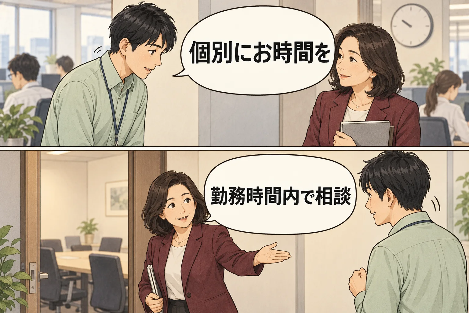 朝の職場で退職の詳細を皆の前で話さず、上司へ個別面談の時間を頼む架空の漫画例