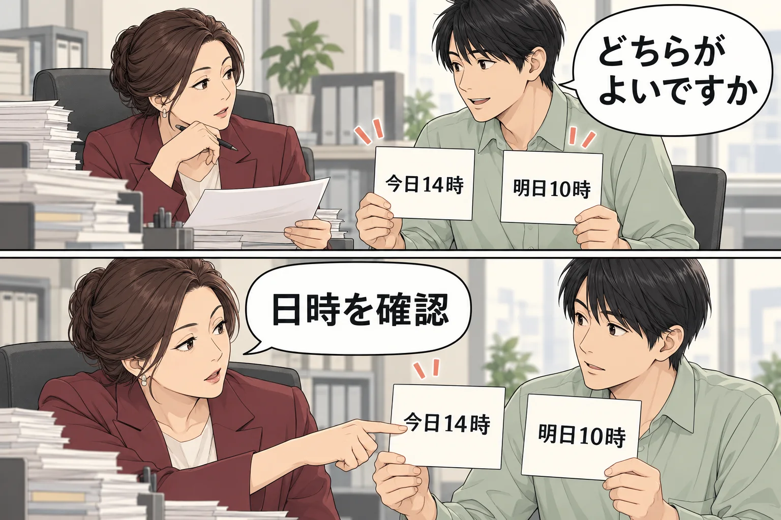 忙しい上司に勤務時間内の候補を二つ示し、都合のよい時間を確認する架空の漫画例
