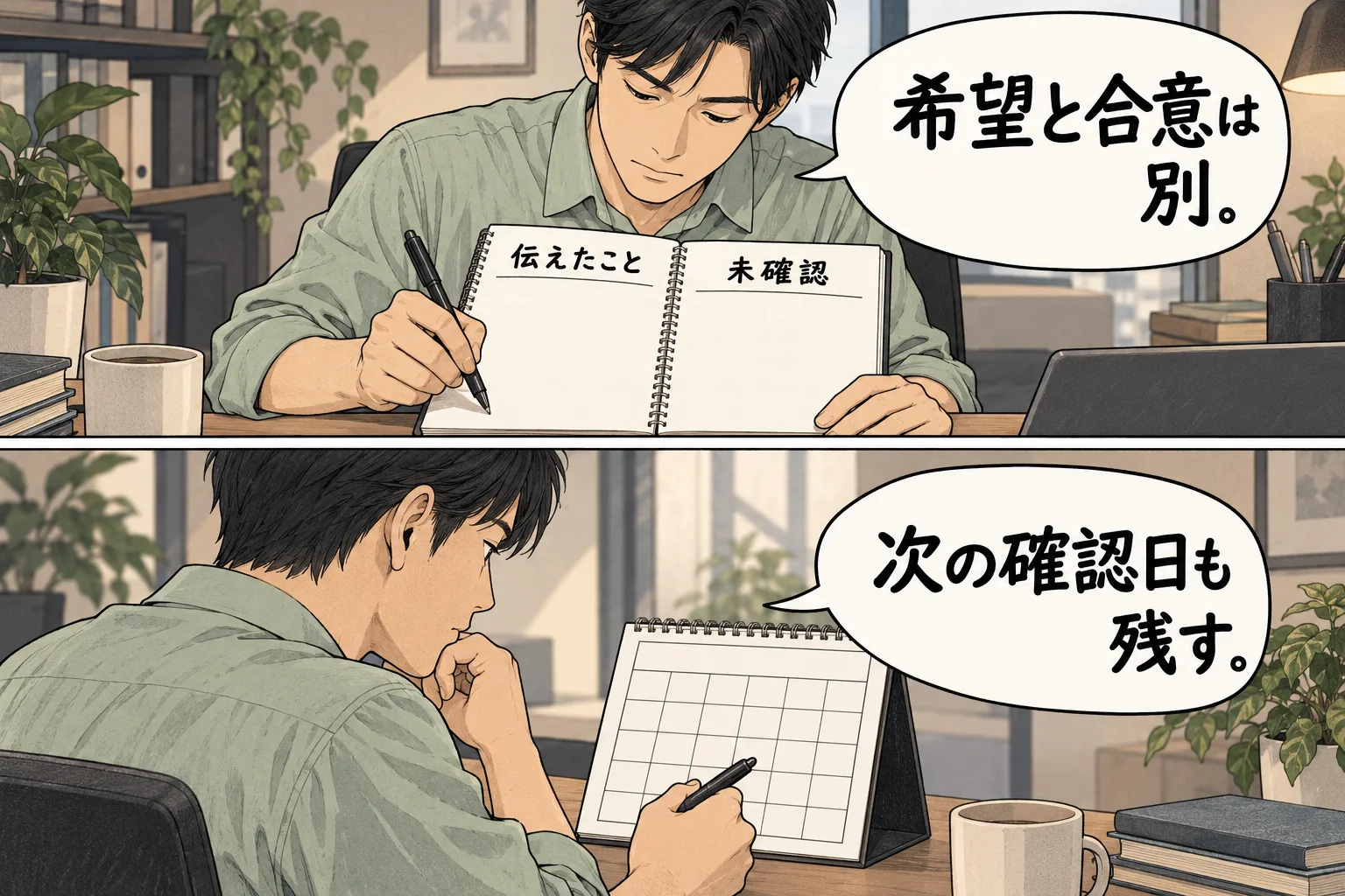 面談後に決まったことと未確認のことを分け、次の連絡日を控える架空の漫画例