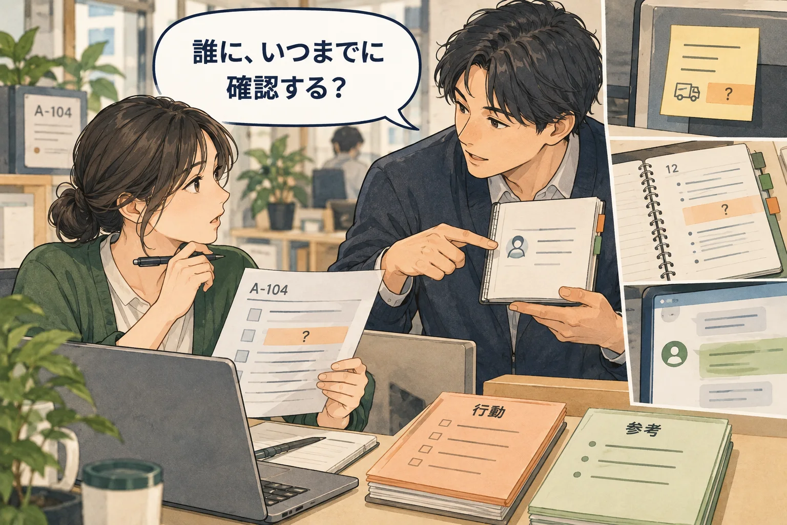 参考情報と、自分が実行する確認を分けます。未確認のことを決定事項へ変えないようにします。 架空の人物によるAI生成の解説漫画。