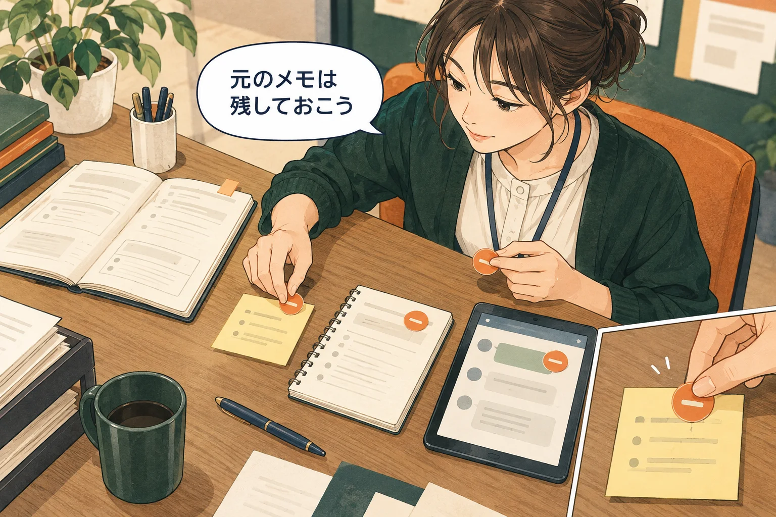 原本を捨てて清書する前に、同じ案件の記録を結び付けます。整理中も確認できる状態を保ちます。 架空の人物によるAI生成の解説漫画。