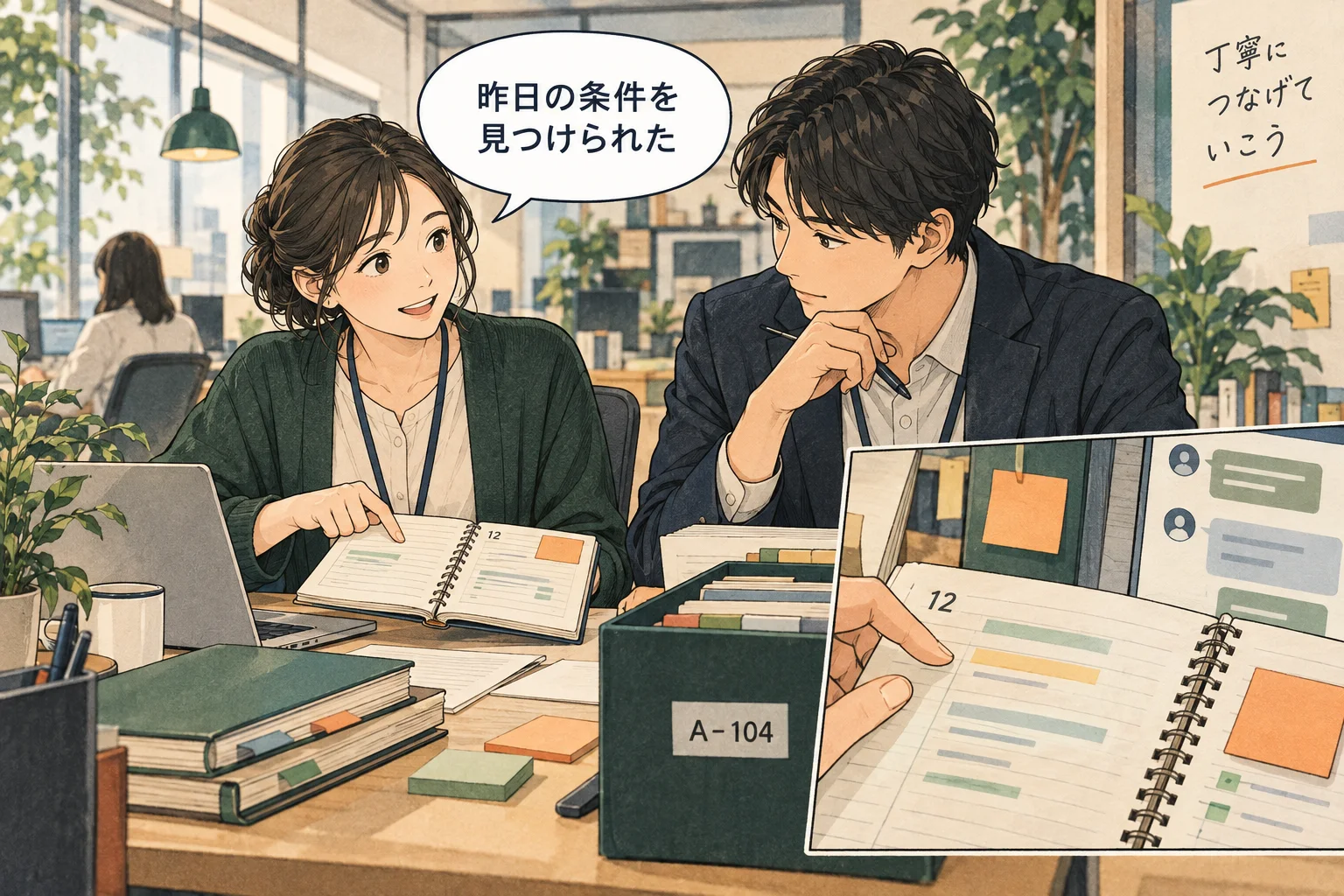 翌日に元の記録へ戻れるかを試します。見つからなければ、分類を増やす前に索引の言葉を直します。 架空の人物によるAI生成の解説漫画。