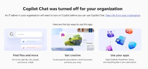 Microsoft公式資料のCopilot Chatが組織で停止された旨の画面例