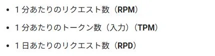 公式のレート制限資料に、RPM・入力TPM・RPDの三つが並ぶ実画面