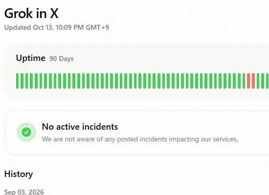 Grok in Xの詳細に、更新日時とNo active incidentsが表示された実画面