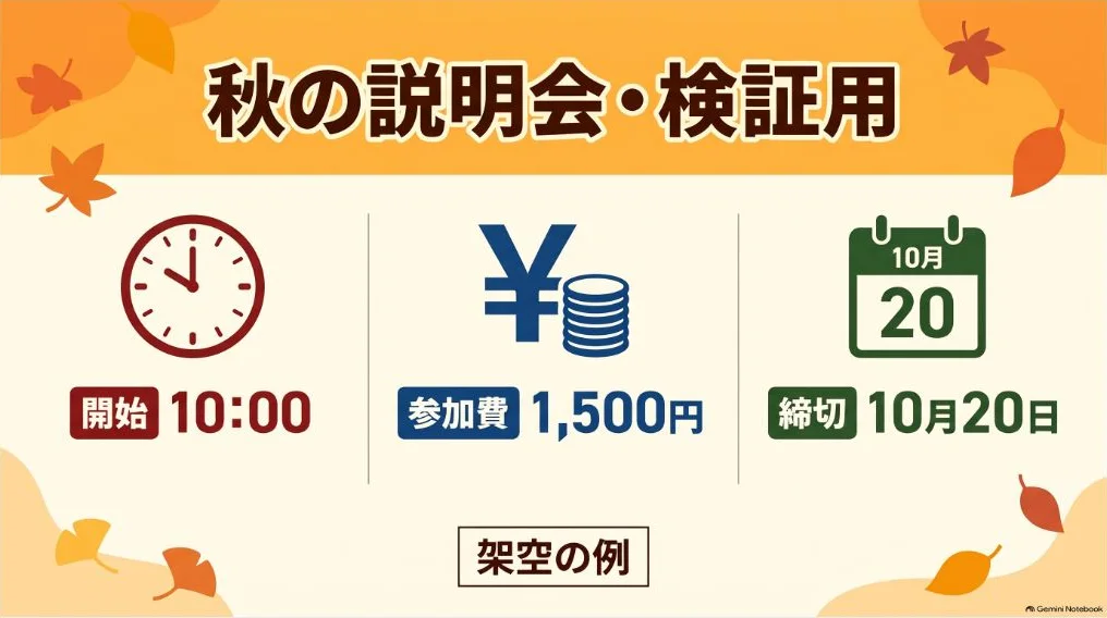 実際に生成した架空の図解に、開始10:00、参加費1,500円、締切10月20日と表示された画面