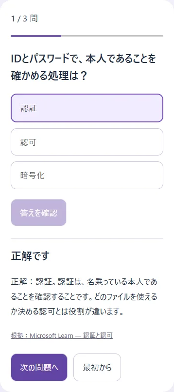記事用の自作クイズをブラウザで開き、答えを確認した画面