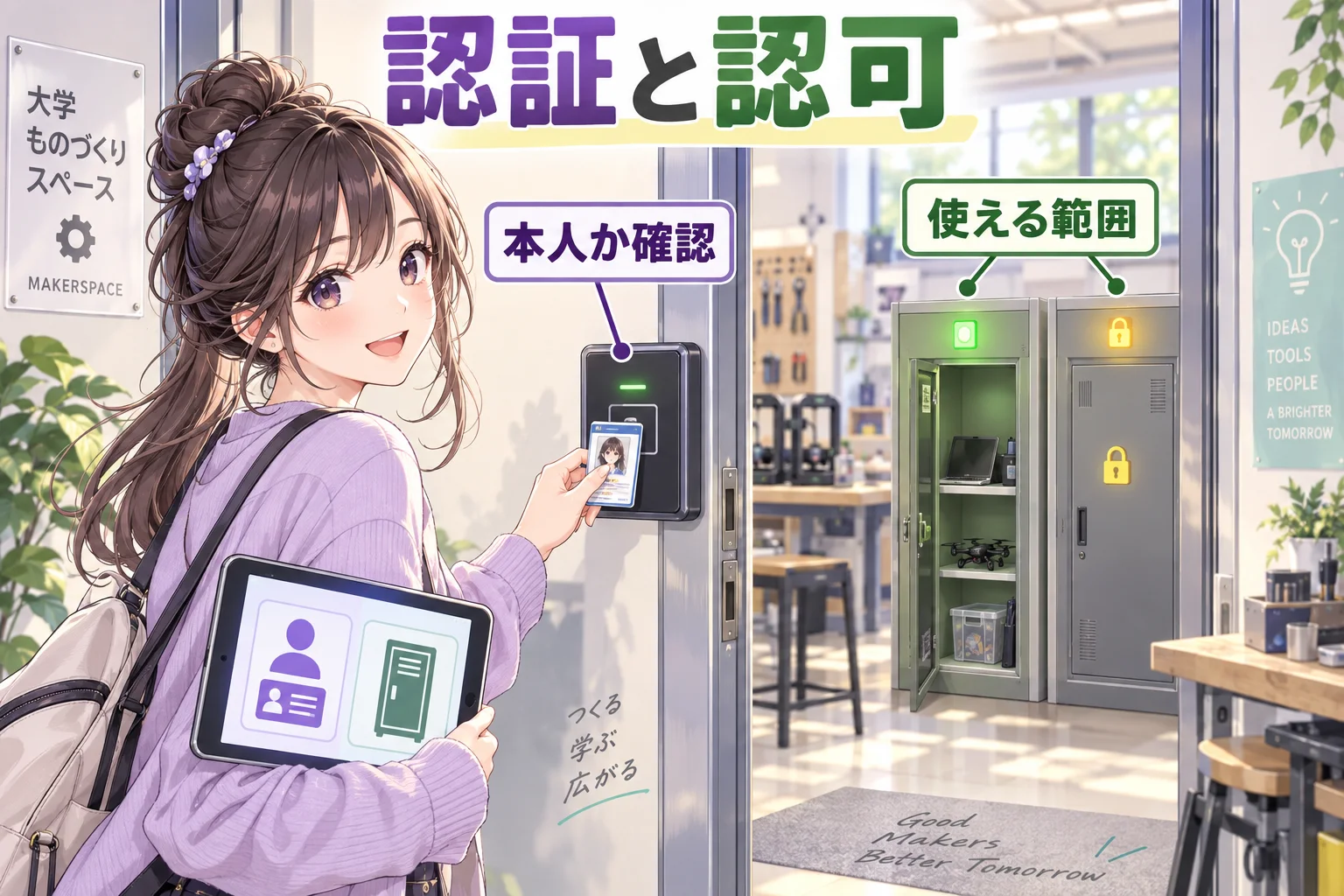 学生証で本人を確認し、利用できる設備を区別する場面。認証と認可を説明する創作イラスト